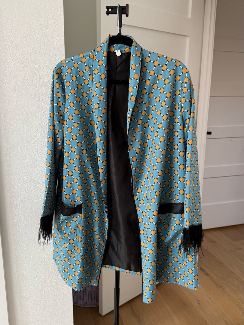 Patterned Teal & Mustard Open Front Women's Blazer Jacket